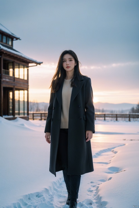 An evocative Annie Leibovitz photograph features a high school senior, clad in her winter uniform—a long wool coat over the standard school attire—standing on the steps of an iconic academic building. The scene is set against a backdrop of frosted trees and a sky tinged with the last light of a winter sunset. Her breath condenses into a fleeting cloud as she looks pensively towards the horizon, embodying the contemplative spirit of youth at the threshold of adulthood.

The image is composed to capture the essence of transition; the juxtaposition of her youthful figure with the imposing architecture symbolizes both the protective shelter of academia and the vast unknown that lies ahead. The snow-covered ground reflects the soft glow of nearby streetlights, adding a dreamlike quality to the composition. Leibovitz's expert use of ambient lighting highlights the textures of her subject's clothing and the delicate details etched by the cold on the surrounding landscape. (8K resolution, best quality: 1.2), (fine art portraiture), (photorealistic depth and emotion: f/2.8), (ultra-high-res), (dramatic natural lighting), (attention to seasonal and environmental storytelling), (subtle interplay between character and setting).((poakl))