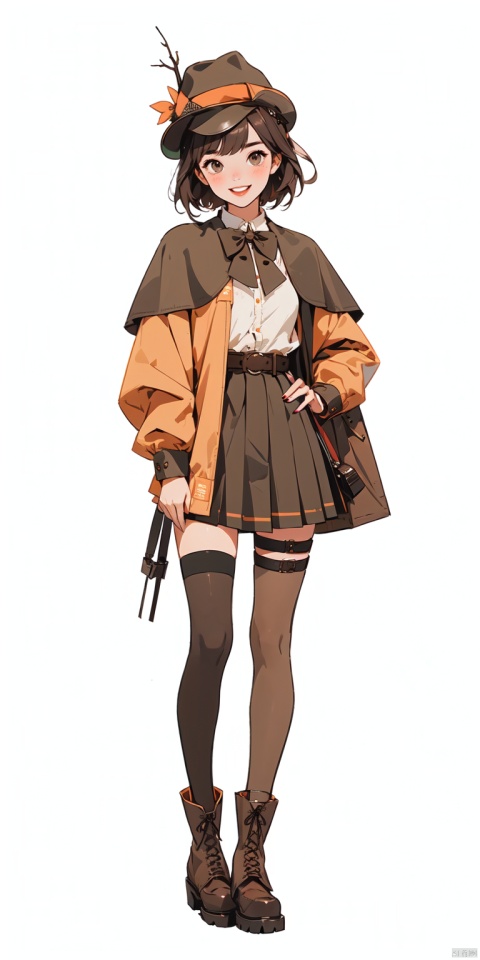  (\ji jian\),  ((poakl)),1girl, solo, looking at viewer, blush, smile, short hair, open mouth, bangs, skirt, simple background, brown hair, shirt, thighhighs, long sleeves, hat, white background, holding, green eyes, standing, full body, yellow eyes, white shirt, :d, pleated skirt, boots, belt, black thighhighs, miniskirt, black skirt, nail polish, zettai ryouiki, hand on hip, skindentation, thigh strap, capelet, brown footwear, high-waist skirt, brown headwear, cabbie hat, binoculars, brown capelet, plaid headwear, deerstalker