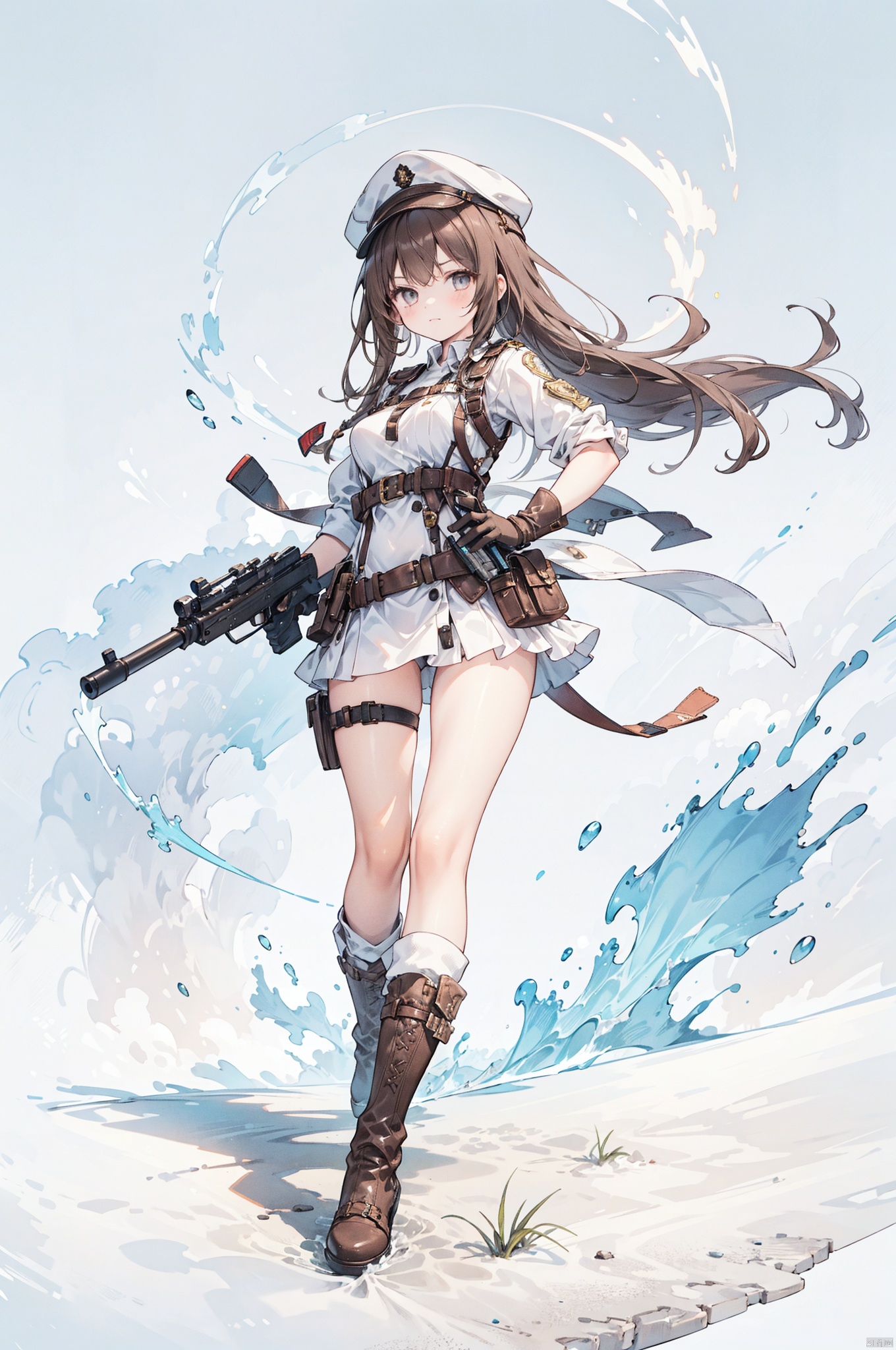  1girl, weapon, solo, holding gun, hat, hat feather, long hair, brown hair, gloves, gun, holding weapon, boots,finger on trigger