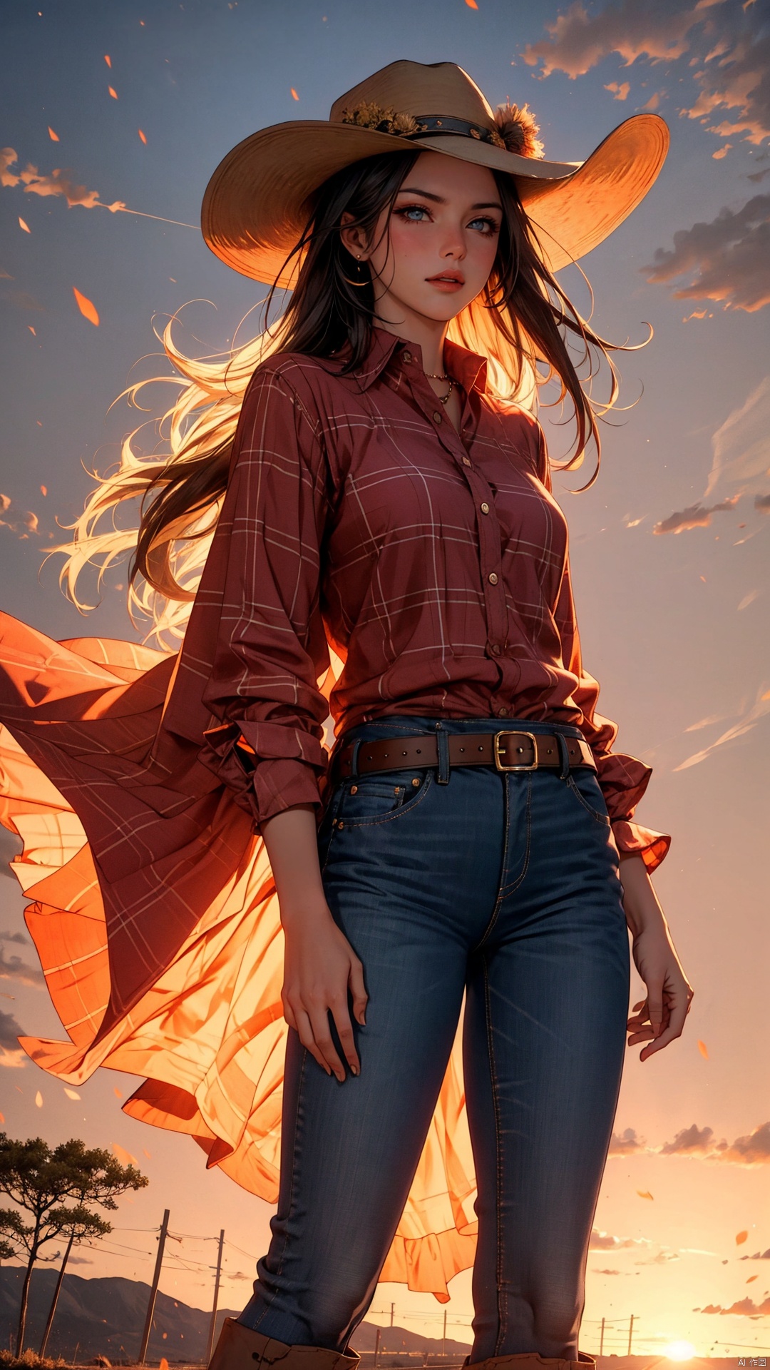  1woman, cowboy hat, plaid shirt, blue jeans, brown boots, lasso in hand, sunset backdrop, dusty ground, windblown hair, confident stance, western ranch, horse nearby, belt buckle, weathered skin, squinting eyes