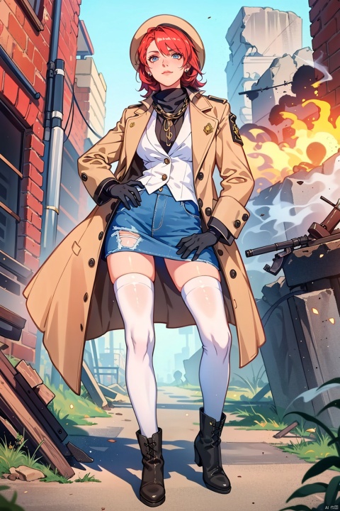 (((white stockings))), ((poakl)),1female, young gangster, dystopian battlefield, mafia-inspired short skirt suit, white stockings with dark lace trim, tailored blazer with custom gang patches, high heels or combat boots, fishnet gloves, bandana or fedora with a feather, smoking a cigarillo or holding a unique weapon, standing amidst chaos, rival factions clashing in the distance, burnt-out cars and shattered concrete, graffiti-covered ruins, urban warfare ambiance, skyline dominated by ominous factories and towering chimneys, Molotov cocktails and spent bullet casings littering the ground, pockets stuffed with throwing knives or playing cards, gold chains and heavy rings, sleeve tattoos depicting underworld symbols, crimson scarf trailing in the wind, fiery explosions and muzzle flashes in the background, half-burnt Wanted posters flapping on walls, torn jeans peeking beneath the skirt, steely gaze and confident smirk, blending criminal underworld with post-apocalyptic warfare, black market weaponry visible in the scene