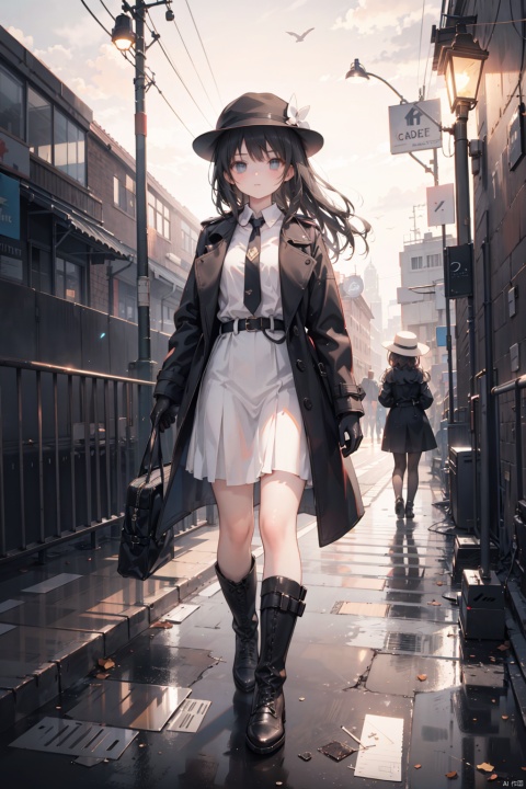 1girl, serious_expression, detective, noir_theme, private_eye, fedora_hat, trench_coat, leather_gloves, black_boots, urban_background, dimly_lit_streetlamp, holding_film_noir_style_flashlight, gun holster, white_shirt, necktie, rolled_up_sleeves, high_contrast, film_grain_effect, cigarette_smoke, shadows, gritty_texture, cityscape, alleyway, Femme_Fatale, mysterious_envelope