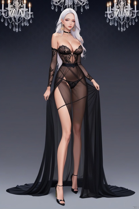  (best quality), ((masterpiece)), (highres), illustration, original, extremely detailed wallpaper.1girl, solo, breasts, see-through, high heels, jewelry, earrings, underwear, full body, panties, dress, stiletto heels, cleavage, detached sleeves, black panties, large breasts, bare shoulders, standing, black dress, see-through dress, collarbone, choker, parted lips, strapless, looking at viewer, highleg, white hair, makeup, thighs, black footwear, toes, gradient, long legs