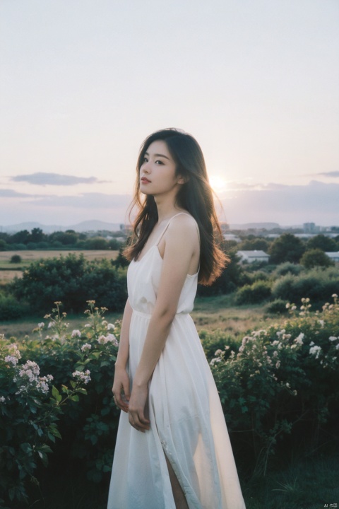 first-person account of a genuine photographic session, capturing the essence of a young woman in the midst of a sprawling field at dusk. The sun's last golden rays paint the sky in hues of fiery orange and deep purple, casting a warm backlight against her silhouette as she stands tall, arms outstretched towards the horizon. She is dressed in a flowing white sundress, which catches the breeze, creating dynamic movement in the image, while her hair dances in the gentle wind—a tableau vivant of freedom and connection with nature.

I've positioned myself low to emphasize the vastness of the landscape, juxtaposing her ethereal form against the rich tapestry of wildflowers swaying gently in the fading light. Adjusting my Canon EOS R5 with a 70-200mm f/2.8L IS II lens, I set the aperture to f/4, balancing depth of field to keep her sharp while softly blurring the backdrop. ISO 400 allows me to maintain the ambient light without introducing excessive noise, and with a shutter speed of 1/200 sec, I ensure crisp details despite any slight movements caused by the wind.

The shot encapsulates not just her physical presence but also the serenity and sense of possibility that lingers in those fleeting moments between day and night, where the world seems to pause, and one can't help but feel a profound connection to both earth and sky. This photograph is about storytelling, capturing the essence of a woman at one with nature during this transitory yet mesmerizing time of day.,((poakl)),