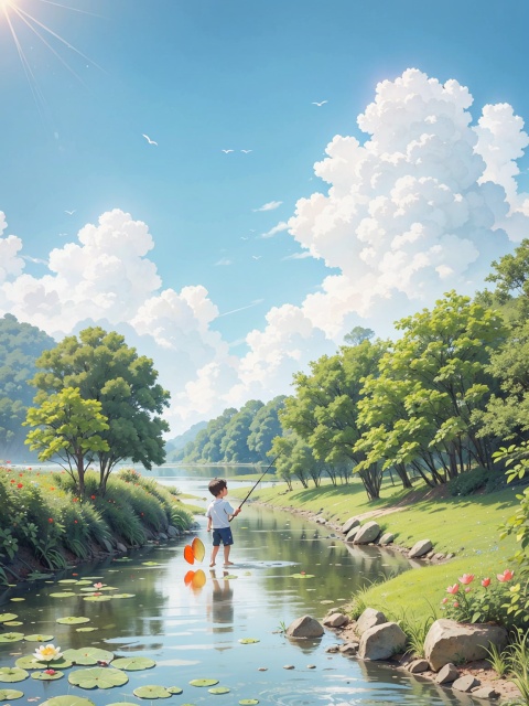 A child catches fish in the river, grass, sun, plants, flowers, long shot, whole body, fish, crab, lotus, summer, blue sky and white clouds, natural light, medium long shot (MLS)