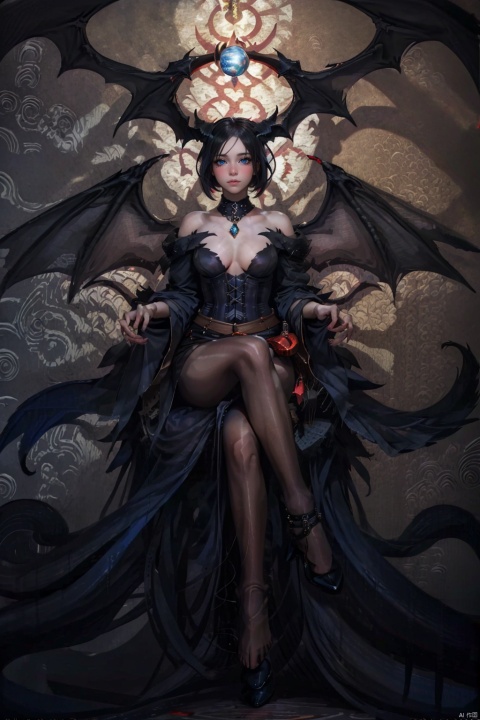 1female succubus, luxurious demon lair, wearing revealing crimson and black corset dress with bat-wing accents, dark horns curving upwards, long, voluminous midnight-black hair, mesmerizing purple eyes with vertical pupils, sitting on a throne of bones, holding an enthralling crystal ball, bat-like wings partially unfurled, tail coiled around the base of the throne, sultry expression, seductive pose, glowing ethereal aura, fiery inferno backdrop, intricate demonic motifs, polished marble floor, jewels embedded in surroundings, chiaroscuro lighting, smoke effects, high-resolution, concept art for dark fantasy game, digital painting with smooth brushwork and vibrant colors, hand101