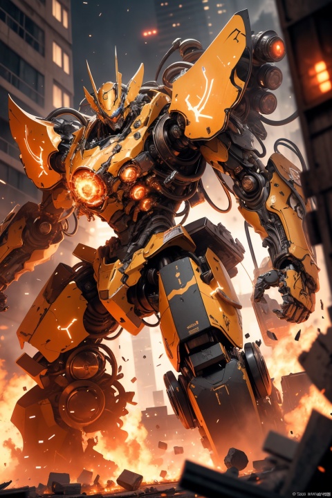  from below,Robots, huge mechas, stand proudly on skyscrapers with their huge bodies. The armor is made of smooth metal, industrialized, screws, and steel bars.It stands amid a battlefield of ruins and destruction.A dramatic low-angle shot is used to show its power and awe, with a stunning sunset in the background, spreading warm tones throughout the scene.The surface is meticulously carved with wear effects, the transparent part shows the complex internal mechanical structure, moving parts produce dynamic blur, battle sparks and explosions bring vivid light and shadow, movie-level 8K resolution, all-round display of stunning scale and power, 