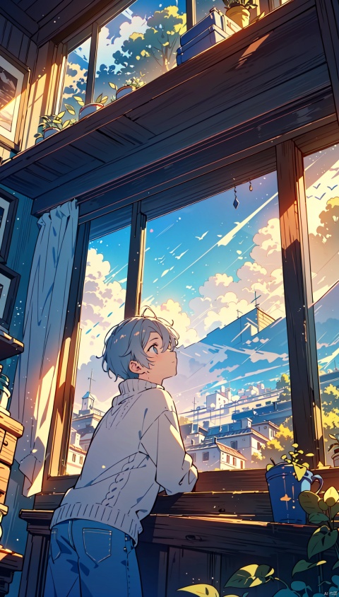 (Pondering the world through a windowpane),(youthful contemplation and dreams beyond),(a palette of muted grays, warm yellows, and soft blues),(introspective, hopeful tones),(balanced, thoughtful composition),(a portrait of adolescent introspection),
(1 teenage boy),(leaning against a windowsill in his attic room),(gazing out at the bustling city below),(wearing a casual sweater and jeans),(moonlight casting shadows across his face),(thoughts wandering between reality and possibility),(yearning for adventure and understanding),(finding solace in solitude's embrace),a snapshot capturing the essence of a young dreamer.