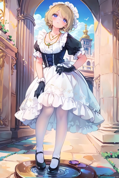 (((white stockings))), ((poakl)),1female, lolita fashion enthusiast, palace backdrop, elaborate Victorian-inspired short skirt dress with petticoats and frills, pristine white stockings adorned with lace and bows, heeled Mary Jane shoes, ornate parasol or fan, bonnet or decorative hair clips, carrying a small teacup poodle or a vintage doll, standing on the grand balcony of a palatial estate, baroque architecture with towering columns, lush gardens and fountains below, golden statues and intricate frescoes adorning the walls, rococo details, soft pastel colors in her attire, layers of chiffon and tulle, satin bows and pearls, cameo necklace, delicate lace gloves, cherubic facial features, curled locks framing the face, sunlight streaming through the archways, aristocratic posture, refined elegance, birds perched on balustrades, gilded mirrors reflecting the opulence, far-off view of sprawling landscapes or cityscapes beyond the palace grounds, majestic peacocks wandering nearby