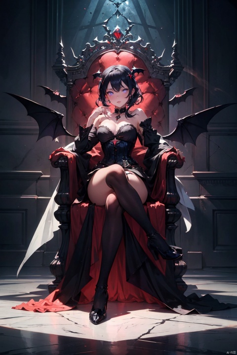  1female succubus, luxurious demon lair, wearing revealing crimson and black corset dress with bat-wing accents, dark horns curving upwards, long, voluminous midnight-black hair, mesmerizing purple eyes with vertical pupils, sitting on a throne of bones, holding an enthralling crystal ball, bat-like wings partially unfurled, tail coiled around the base of the throne, sultry expression, seductive pose, glowing ethereal aura, fiery inferno backdrop, intricate demonic motifs, polished marble floor, jewels embedded in surroundings, chiaroscuro lighting, smoke effects, high-resolution, concept art for dark fantasy game, digital painting with smooth brushwork and vibrant colors, , NYDarkHalloween