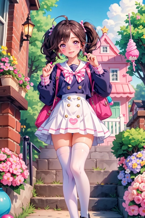  (((white stockings))),1female, high school girl, candy-themed environment, short pleated skirt, frilly white stockings, sailor-style uniform with pink accents, matching bow in hair, cute canvas shoes, backpack adorned with cartoon character patches, playful smile, holding a colorful lollipop, standing in front of a whimsical candy house made of gingerbread, cotton candy clouds, rainbow candy cane fence, gumdrop flowers, sugary pastel sky, heart-shaped buttons on uniform, sweet treats scattered around, smartphone case with kawaii stickers, twinkling star-shaped earrings, pigtails or twin braids, glossy bubblegum pink lips, bright-eyed enthusiasm, surrounded by oversized cupcakes and donuts, lollipop trees, striped candy cane pathway, anime-inspired design elements, fluffy marshmallow ground, holding a folder or textbook, charming innocence, carefree pose,((poakl))

