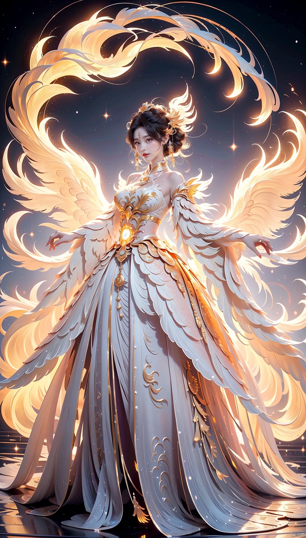  white ethereal vintage demon, Mechanical Construction, full body, fire element, tutututu, HUBG_Rococo_Style(loanword), hanfu