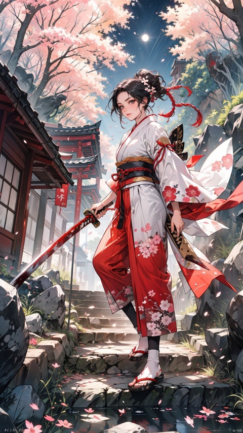 samurai maiden, long flowing black hair tied in a warrior's braid, intricately detailed kimono with armored pauldrons, wielding a blood-stained katana, hakama pants tucked into traditional tabi socks and waraji sandals, posed victoriously on ancient stone steps, stoic yet alluring gaze, (sensual NSFW), exposed samurai sword wounds hinting at recent battle, cherry blossom trees in bloom, moonlit Japanese landscape, full body composition, dynamic motion blur, r1ge, capturing the essence of a Sekiro-style female protagonist