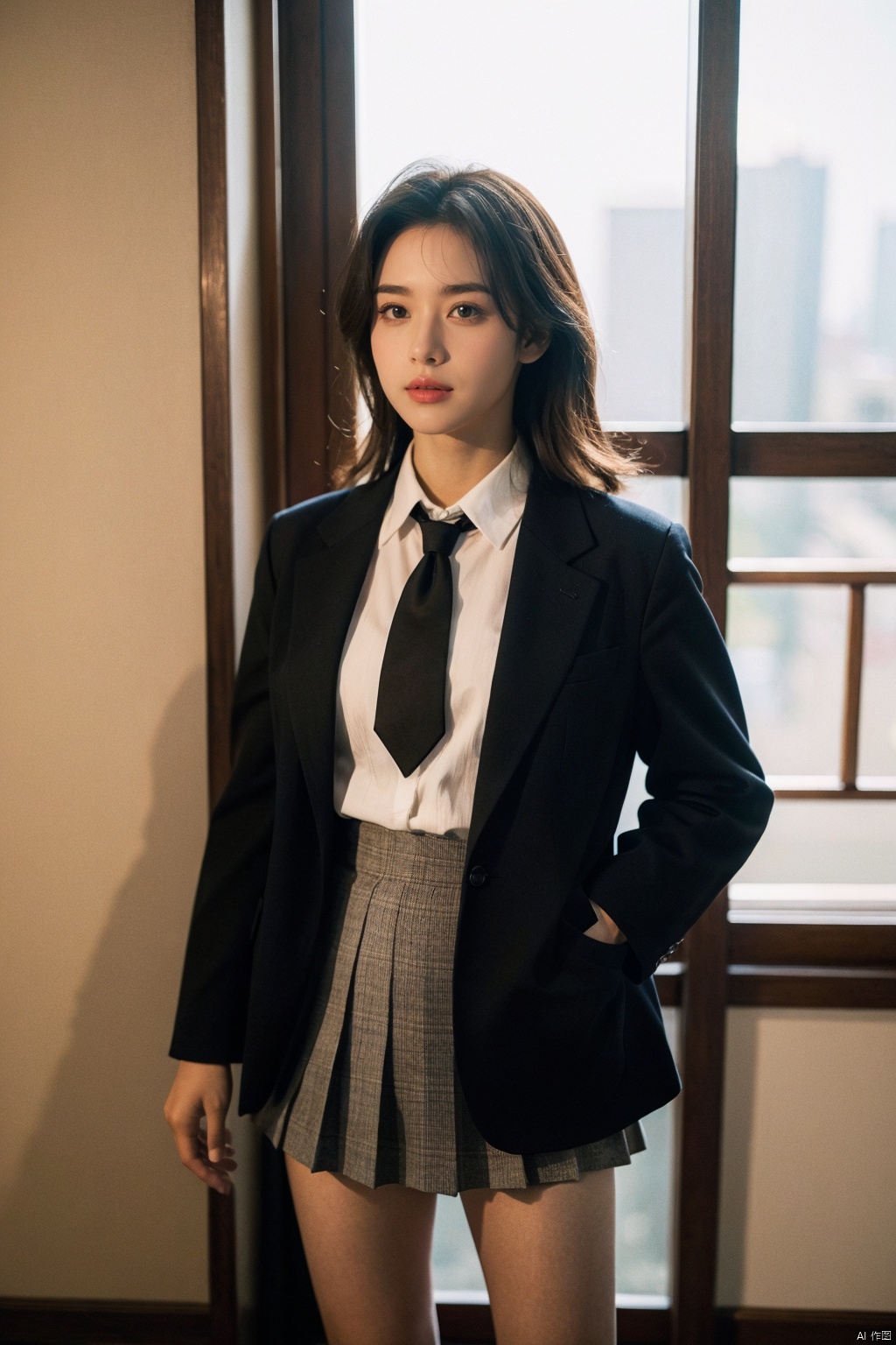  An Annie Leibovitz portrait of a young woman dressed in a traditional Japanese school uniform, known as a "seifuku" or JK (jyoshi kōsei), standing confidently against an iconic urban backdrop. The subject's pose is both assertive and playful, capturing the spirit of adolescence and cultural identity. Her pleated skirt sways slightly with her movement, while her blazer and necktie denote formality. The photograph juxtaposes the innocence of youth with the vibrant energy of modern life. Shot on location under dramatic natural lighting, Leibovitz masterfully employs high contrast to emphasize the textures of the uniform fabric and the contours of the cityscape. (8K resolution, best quality: 1.2), (cinematic portraiture style), (photorealistic depth and dimensionality: f/5.6), (ultra-high-res), (signature use of light and shadow), (meticulous attention to fashion detail), (contextual storytelling within the frame).