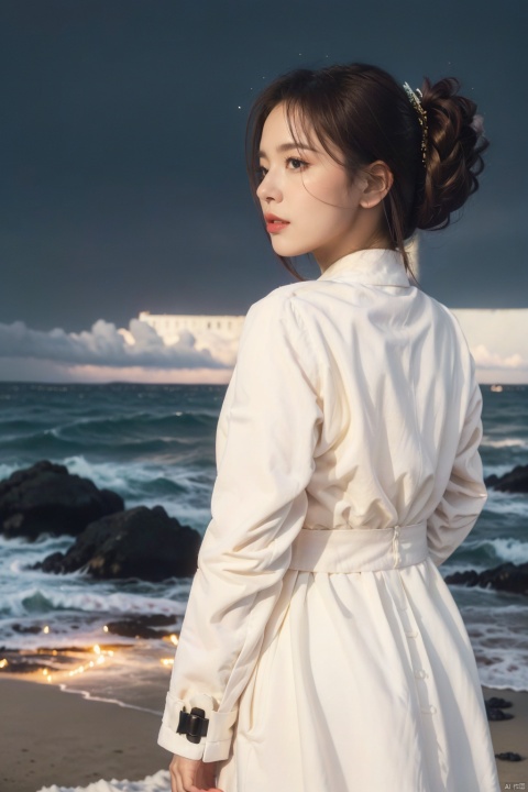  (8k,RAW photo,best quality,masterpiece:1.2),(realistic,photo-realistic), strong wind, a girl, standing, (whole body)), back, dynamic hairstyle, (((from back)), edge light , coat,, (((film composition, film lighting))),, not looking at the camera, profile, ocean, clouds, gloomy sky, depth of field, sea, dim sky, dim, mv