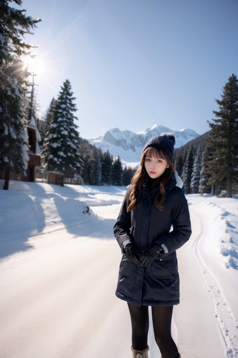 Girl in winter wonderland, panoramic view, standing by a frozen lake, wearing a fur-edged long down jacket with pantyhose, snow boots, gloves and woolen hat, surrounded by tall pine trees covered with snow, The crisp blue sky, the sunlight penetrating the clouds and casting elongated shadows, the snowdrifts on the lakeshore, and the distant mountains under the pink alpenglow capture the tranquility and serenity of this season.