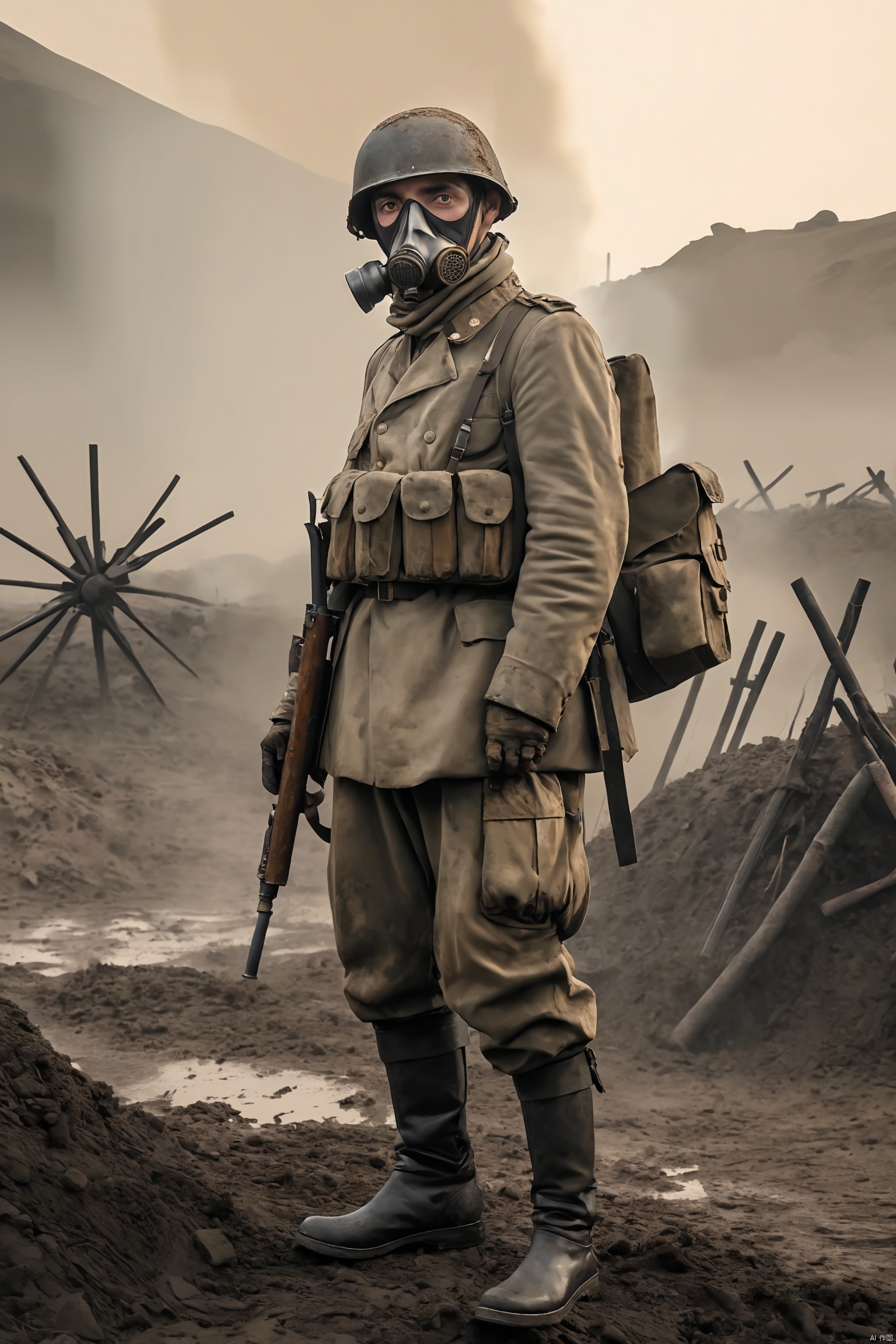  (WWI German soldier: 1.0), solo, firearms, dirt, smoke, dust, trench warfare scene, gas mask, retro military uniform, mud, rusty bayonet, barbed wire barrier, worn boots with characteristic spikes Steel helmet, weathered face, tired eyes, trench, khaki military uniform texture, battlefield background, battlefield dusk, movie scene, movie shot, cinematic lighting, volumetric lighting, hyper-detailed, highly detailed, ultra-detailed, realistic, hyper Realistic, surreal, HD, IMAX, 8K resolution, super resolution, sharp focus, grandeur, best quality, masterpiece., Professional