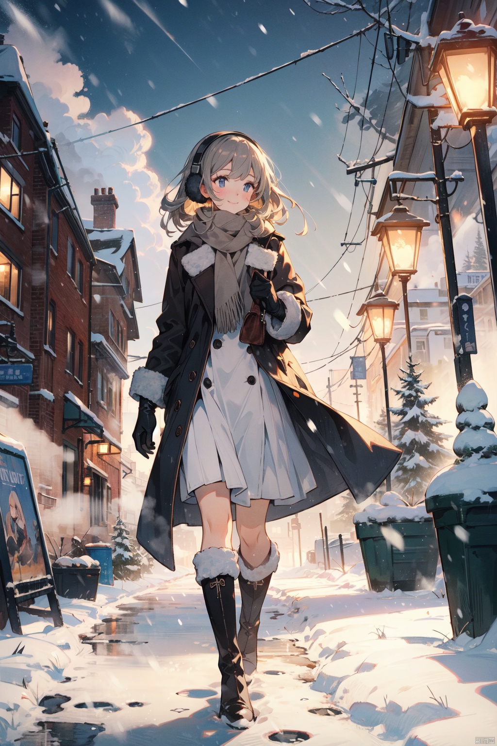 Girl, winter portrait, snowy background, long coat, fur collar, leather gloves, over-the-knee boots, woolen dress, smile, windblown hair, standing near a street lamp, snowflakes falling and accumulating on clothing, retro environment , neutral tones, subtle makeup, flushed cheeks, melancholy smile, bundled up, walking in the snow, cityscape background, moonlit night, tightly wrapped scarf, earmuffs, steam rising from a nearby coffee shop , the warm yellow light shines on the road, capturing the quiet and lonely beauty of winter
