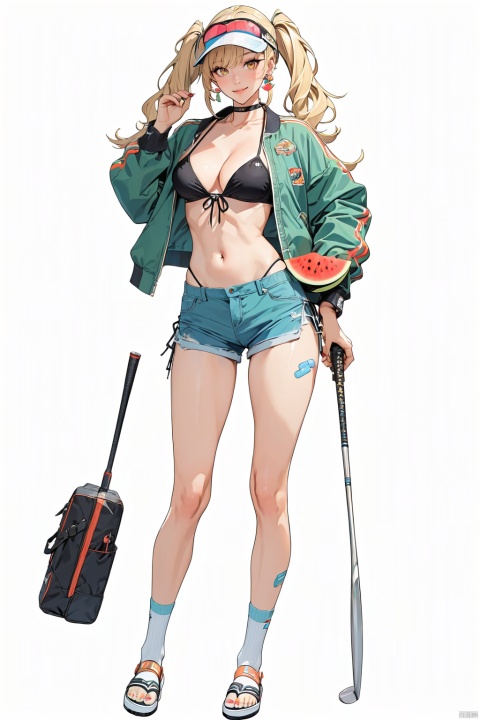 (best quality), ((masterpiece)), (highres), illustration, original, extremely detailed .jjj, 1girl, solo, long hair, breasts, looking at viewer, smile, blonde hair, simple background, shirt, long sleeves, white background, navel, holding, cleavage, twintails, jewelry, medium breasts, standing, jacket, swimsuit, full body, yellow eyes, bikini, thighs, earrings, food, open clothes, shorts, choker, socks, midriff, stomach, bag, nail polish, open jacket, crop top, orange eyes, kneehighs, short shorts, fruit, black bikini, black choker, sandals, bandaid, bikini top only, cropped jacket, blue shorts, green jacket, visor cap, watermelon, bandaid on leg, baseball bat