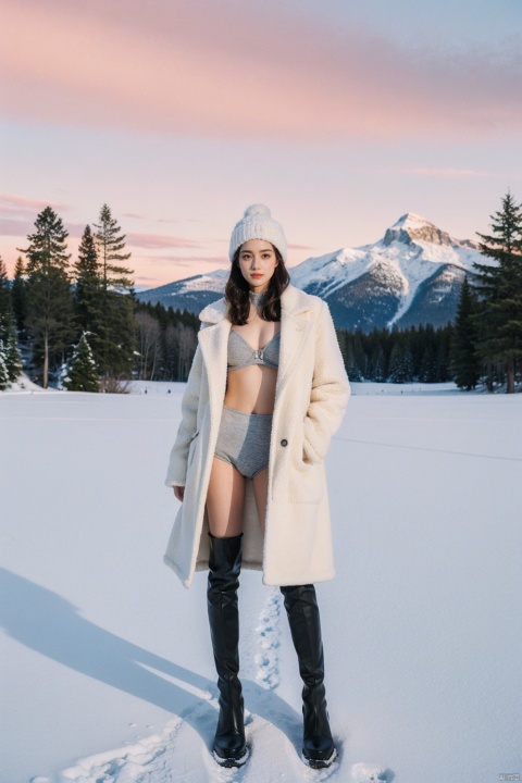  Girl in winter wonderland, panoramic view, standing on the edge of a frozen lake, wearing a fur-edged long down jacket, ((opens the coat to reveal underwear and bra, paired with pantyhose))), snow boots, gloves, wool hat, surrounded by tall pine trees dusted with snow, a crisp blue sky with sunlight breaking through the clouds, casting elongated shadows, snowdrifts on the lake shore, distant mountains under the pink alpenglow, capturing the season of peace and tranquility