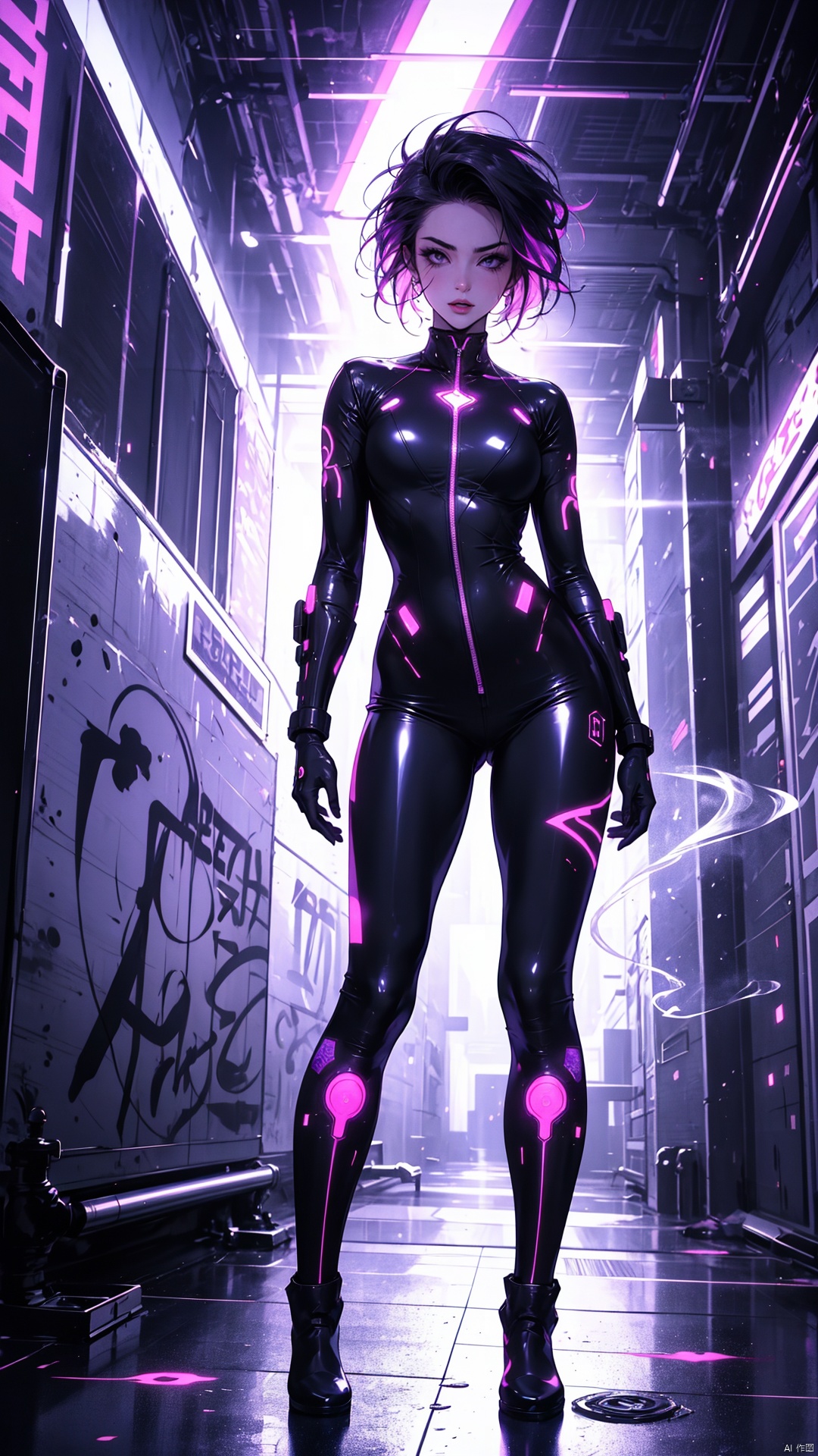 cyberpunk seductress, short purple hair, form-fitting catsuit, glowing circuit tattoos, neon-lit alleyway,半透明材质revealing lingerie underneath, thigh-high boots, leaning against graffiti wall, pouty lips, (erotic NSFW), smoking cybernetic cigarette, energy blade holstered on thigh, vibrant holographic backdrop, low-angle shot with dramatic lighting, deep focus, r1ge, blending into the digital matrix 