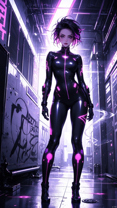 cyberpunk seductress, short purple hair, form-fitting catsuit, glowing circuit tattoos, neon-lit alleyway,半透明材质 revealing lingerie underneath, thigh-high boots, leaning against graffiti wall, pouty lips, (erotic NSFW), smoking cybernetic cigarette, energy blade holstered on thigh, vibrant holographic backdrop, low-angle shot with dramatic lighting, deep focus, r1ge, blending into the digital matrix 
