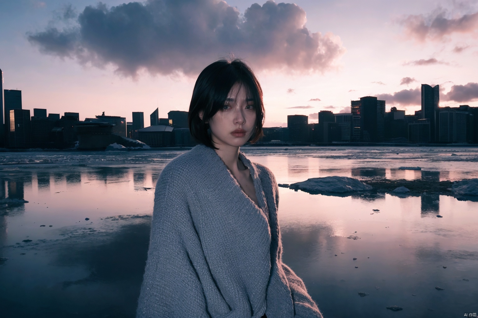 A cyberpunk cityscape serves as the backdrop for a scene where a girl in a black dress is surrounded by an Icelandic ice environment. The ambiance is cold, with muted saturation to create a haunting atmosphere. The predominant blue hue echoes the crisp air and icy landscape. The girl's black dress offers a stark contrast to the almost monochromatic icy setting, bringing a touch of poignancy to the canvas. This setting, with reduced saturation, not only conveys coldness but also a sense of melancholy, emphasizing her isolation in a vast, indifferent environment. The juxtaposition of her vulnerability and the strength of nature is striking. The blue overtone might represent a deep connection to the icy surroundings, suggesting a balance between humanity and nature. The scene is enriched with neon lights, dark alleys, towering skyscrapers, and vibrant colors, all contributing to a futuristic, high-contrast, and highly detailed landscape