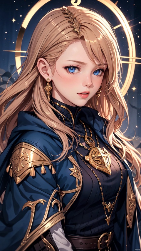 1female, League of Legends-styled summoner, half body portrait, elaborate in-game summoner icon style, intricate rune details, expressive facial animation, themed attire matching an existing champion, spellcasting gesture, cosmic or arcane energy emanating from hands, recognizable emblem or symbol, high-fantasy art style, legendary skin variant, focusing on the upper body and face., ((poakl))