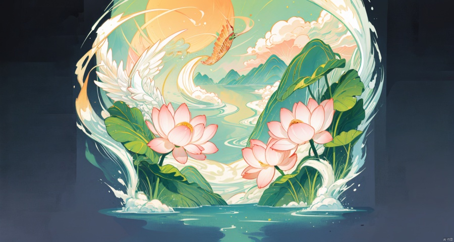 Masterpiece, Best Quality, High Resolution, Incredibly Ridiculous, Absurd, Very High Resolution, Detailed Beautiful Scene, Ultra HD Wallpaper, ((overall tone is red)), (foreground auspicious clouds), clouds, auspicious clouds Patterns, lotuses, ponds, peaks, pagodas, peony flower decorations, golden phoenix patterns and antique jade colors, while drawing on exquisite window pane patterns and delicate gold foil embellishments