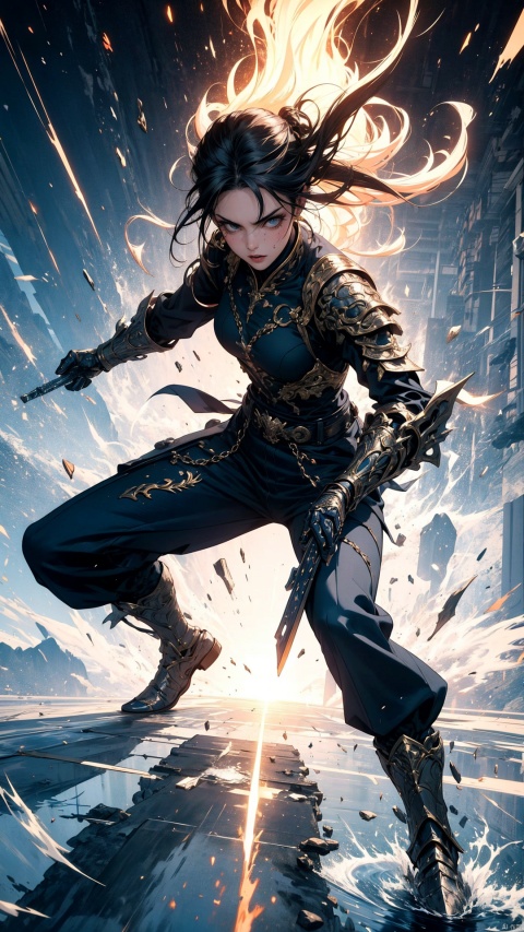 1female,  BLADEPOINT-inspired heroine, full body, combat-ready stance, Eastern-inspired armor or outfit, ornate weapons, flexible movements, detailed character design, dynamic action pose, agile and athletic physique, flowing cloth simulation, mythical elements, environmental interaction, distinctive headpiece or hairstyle, wounded but resilient expression, gritty and immersive world setting.