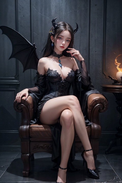  1female succubus, luxurious demon lair, wearing revealing crimson and black corset dress with bat-wing accents, dark horns curving upwards, long, voluminous midnight-black hair, mesmerizing purple eyes with vertical pupils, sitting on a throne of bones, holding an enthralling crystal ball, bat-like wings partially unfurled, tail coiled around the base of the throne, sultry expression, seductive pose, glowing ethereal aura, fiery inferno backdrop, intricate demonic motifs, polished marble floor, jewels embedded in surroundings, chiaroscuro lighting, smoke effects, high-resolution, concept art for dark fantasy game, digital painting with smooth brushwork and vibrant colors, hand101, NYDarkHalloween