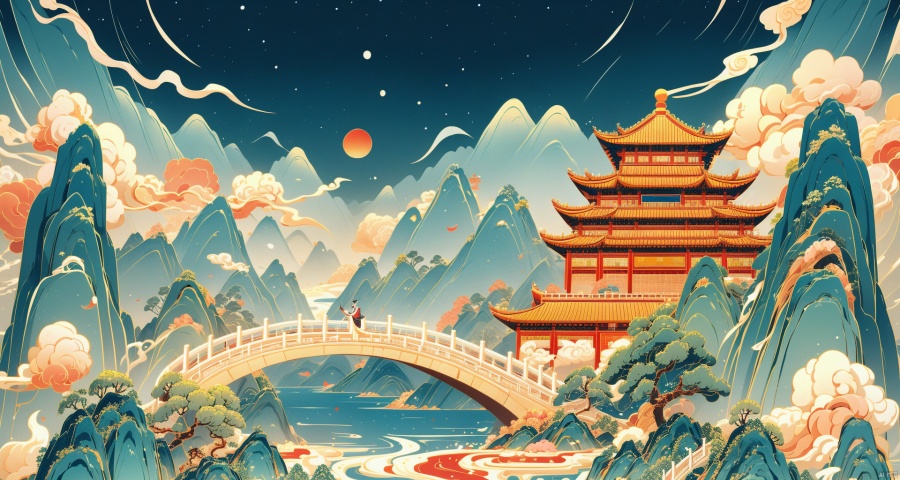 masterpiece, best quality, high resolution, incredibly ridiculous, absurd, very high resolution, detailed beautiful scene, ultra high definition wallpaper, ((overall tone is red)), (foreground auspicious clouds), clouds, country Chaoshanshui urban landscape illustrations combine traditional Chinese ink painting techniques with modern trendy visual art.On the left side of the picture is a stretch of lofty mountains, with winding rivers flowing between them, outlining a typical Chinese painting landscape, dotted with antique pavilions and looming cornices.On the right side, a modern city skyline is shown. The design of the skyscrapers cleverly combines traditional Chinese elements, such as window lattice grilles, moire carvings, ceramic glazes, etc. At the same time, neon lights flash on the top of the buildings, forming a distinct mark of the times.The landscape and the city are connected by a rainbow bridge, on which young people wearing national costumes are walking, waving skateboards and drones with national patterns in their hands.The brilliant city lights at night form a harmonious contrast with the quiet mountains and rivers, jointly interpreting the theme of the symbiosis of ancient and modern, nature and technology in Chinese trendy culture., 