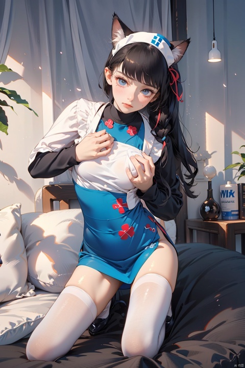  nai3, 1girl, animal ears, solo, blush, cat ears, apron, looking at viewer, long hair, blue eyes, sweatdrop, upper body, closed mouth, bangs, parted bangs, dress, long sleeves, puffy sleeves, white apron, ribbon, black dress, frills, hair ribbon,Nurse,blue nurse uniform,squatting,Bottom-rimmed glasses,fine fabric emphasis,White stockings,White high heels,hospital,short hair,naughty face,arms under breasts,view from below,look at the viewer,wide shot,head tilt, (masterpiece:1.2), best quality,PIXIV,cozy animation scenes,

twin drills


