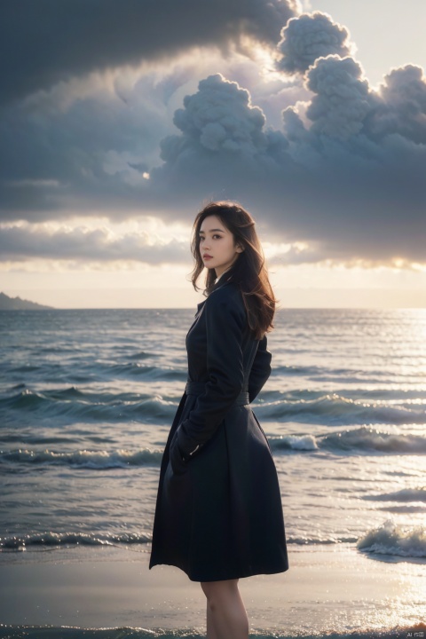 (8k,RAW photo,best quality,masterpiece:1.2),(realistic,photo-realistic), strong wind, a girl, standing, (whole body)), back, dynamic hairstyle, back view, edge light, coat,, ( ((movie composition, movie lighting))),, not looking at the camera, profile, ocean, clouds, gloomy sky, depth of field, sea, dim sky, dim,