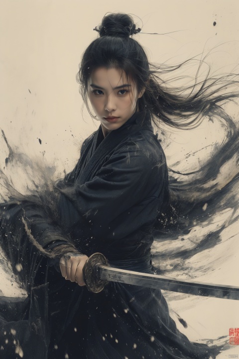  sdmai, wuxia, Chinese ink painting, artistic ink painting, Chinese martial arts films, wearing black robes, fighting posture, cinematic grandeur, splashing details, wild and powerful, weapon, sword, solo, black hair, holding, holding weapon, holding sword, topknot, japanese clothes, looking at viewer, 1boy, male focus, hair bun, katana, realistic, single hair bun