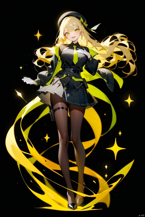 ask (askzy),Bright colors, High saturation, 1girl, solo, long hair, breasts, looking at viewer, smile, open mouth, bangs, skirt, blonde hair, large breasts, simple background, shirt, gloves, long sleeves, hat, standing, jacket, full body, yellow eyes, :d, pantyhose, pleated skirt, necktie, belt, miniskirt, black skirt, black footwear, high heels, black shirt, black headwear, thigh strap, beret, hand on own chest, black background, pouch, holster