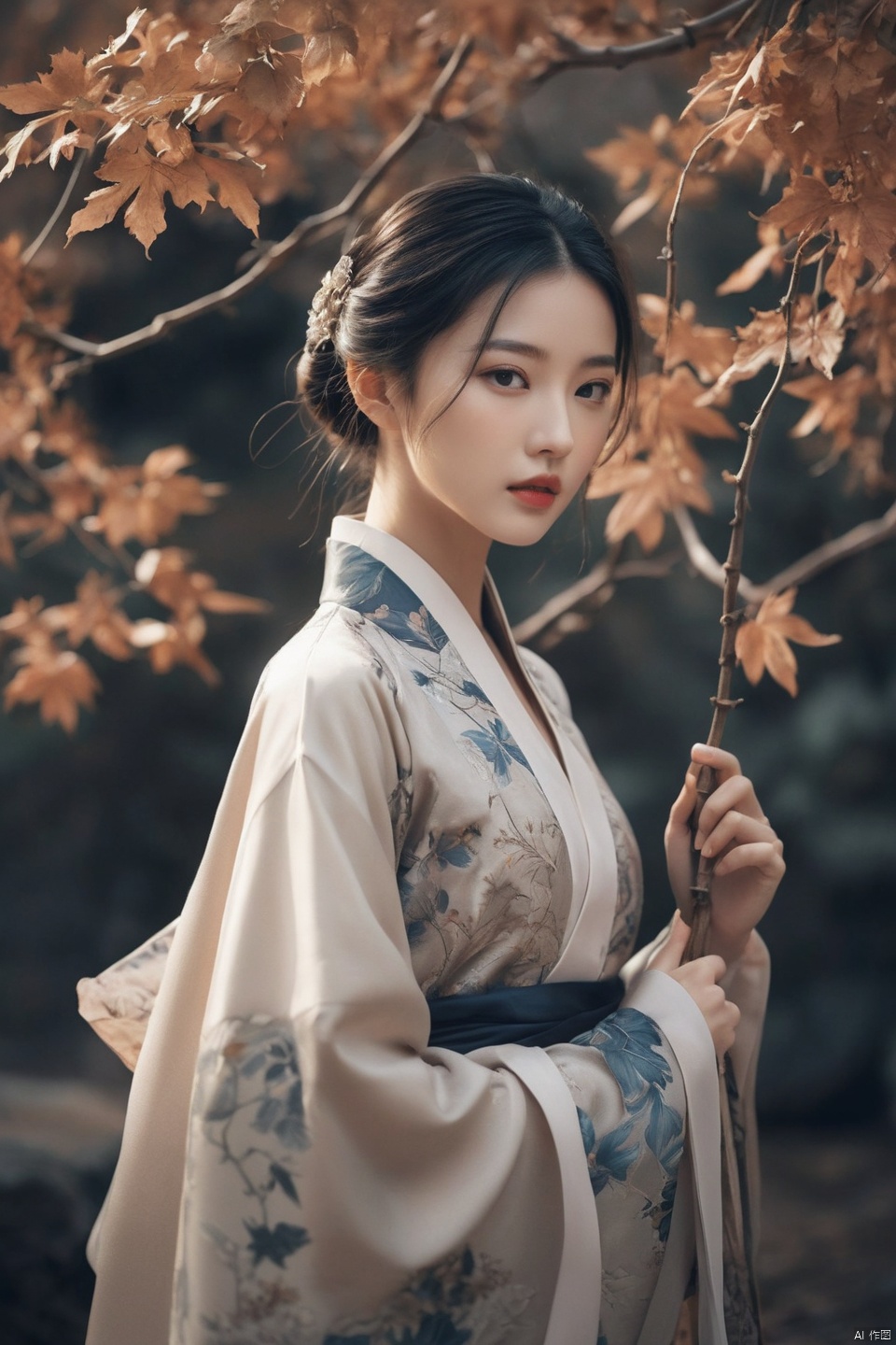  Fashion editorial style a asian girl with hanfu ruqun,Jin style, joint brand, ribbon, Withered leaves, old vines, plant illustration, splash ink,High fashion, trendy, stylish, editorial, magazine style, professional, highly detailed, cinematic lighting, Dramatic lighting