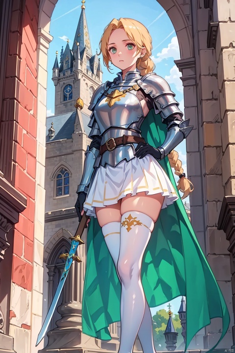 simple background, (Medieval Castle Courtyard: 1.1), 1 girl, standing, knight's armor, short skirt variant, （（（white thigh-high socks）））, custom-fitted armor plates, metal skirt with fauld, chainmail underskirt, breastplate with heraldic crest, pauldrons and vambraces, greaves and sabatons, tabard emblazoned with coat of arms, flowing crimson sash, silvery-white platemail, blonde hair tied back in braid, piercing green eyes, unyielding expression, longsword sheathed at side, kite shield adorned with lion motif, lance leaning against arm, sunlit courtyard, stone pavement, proud banners flapping, roses entwined in armor accents, regal posture, feminine touch to medieval weaponry, decorative spaulders, intricate filigree on armor
,  ((poakl))