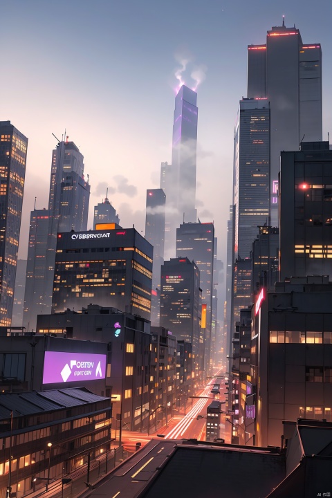 (UHQ, 4k resolution), Visualize a futuristic cityscape at sunset with a cyberpunk theme. Depict the illuminated skyscrapers of Neo Arcadia casting long shadows over bustling streets filled with holographic advertisements and flying vehicles. In the foreground, include a female cyborg detective leaning against a sleek, matte-black hovercar with cherry blossom decals, wearing a long, midnight-blue trench coat and sporting vibrant neon purple hair that contrasts with her advanced, cybernetic eye implants. The atmosphere is dense with steam rising from vents along the rain-soaked pavement while the sky is ablaze in hues of magenta, orange, and deep purple as the sun sets behind the sprawling metropolis. ((poakl))