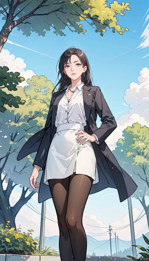 from below,dappled_sunlight,1gril, business attire, black suit jacket, white collared shirt, short skirt, pantyhose, high heels, serious expression, outdoor, blue sky and white clouds, trees, plants, focused eyes, high definition, 8k resolution, complex background, light makeup, Shoulder-length straight hair, minimalist jewelry, neat lines and clear details, and a powerful posture, showing a strong aura., hand101