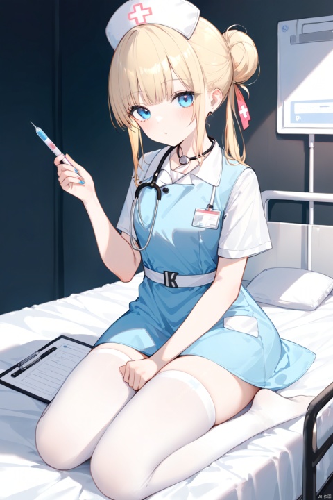  (8k, contemporary Chinese streetwear style, trendy quality), vividly-detailed, (vibrant, youthful skin with a confident and fashionable look), intimate hospital scene, indoors, 1 female nurse, solo, seiza-style sitting on the patient's bed, white stockings, full-length nurse uniform with white cap, holding a thermometer, blue eyes, gentle expression, blonde hair tied in a bun, stethoscope hanging from neck, clipboard nearby, soft lighting, comfortable atmosphere, patient's hand on the blanket, medical equipment visible in the background, compassionate demeanor, professional yet empathetic touch