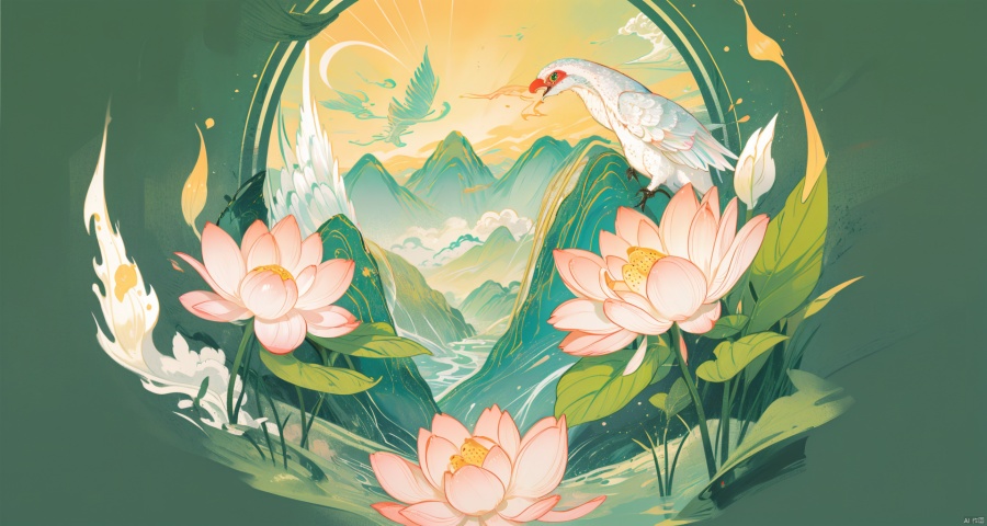 Masterpiece, Best Quality, High Resolution, Incredibly Ridiculous, Absurd, Very High Resolution, Detailed Beautiful Scene, Ultra HD Wallpaper, ((overall tone is red)), (foreground auspicious clouds), clouds, auspicious clouds Patterns, lotuses, ponds, peaks, pagodas, peony flower decorations, golden phoenix patterns and antique jade colors, while drawing on exquisite window pane patterns and delicate gold foil embellishments