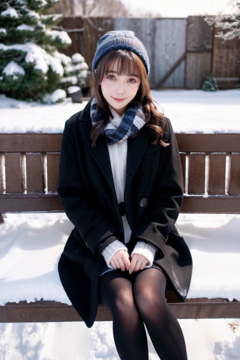 1girl, winter coat, fur-trimmed hood, knitted scarf, mittens, knee-high boots, snow-covered park bench, long curly hair, rosy cheeks, warm smile, hot cocoa in hand, snowflakes falling gently, blue pea coat, woolen beanie, steam from breath, picturesque snowy landscape, ((poakl)),(8k, RAW Photo, Best Quality, Masterpiece: 1.2), (Photorealistic, Photorealistic).