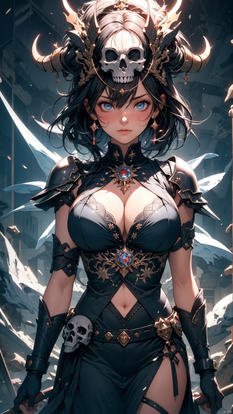  Chizuru is wearing black knight armor that was Forge together by a blacksmith. The armor has skull carvings on it. She going to contorl all seven realms. A dark greedy background, large_breasts, glowing eyes,midjourney,oda non,Soul_of_Cinder,wowdk
