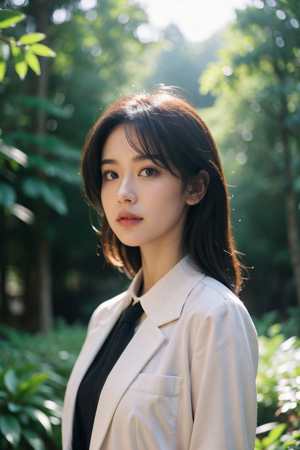 35mm focal length, portrait photography, female office worker in a forest setting, formal business attire contrasting with natural surroundings, mid-shot composition showcasing upper body and immediate environment, stepping out of her professional element into the serene woods, subtle expressions suggesting reflection or escape, sunlight filtering through trees casting dappled light on her face and clothes, selectively blurred forest background to highlight subject, capturing the blend of urban sophistication and organic beauty, maintaining the 35mm lens’ characteristic perspective for a cohesive story within the frame., ((poakl)),