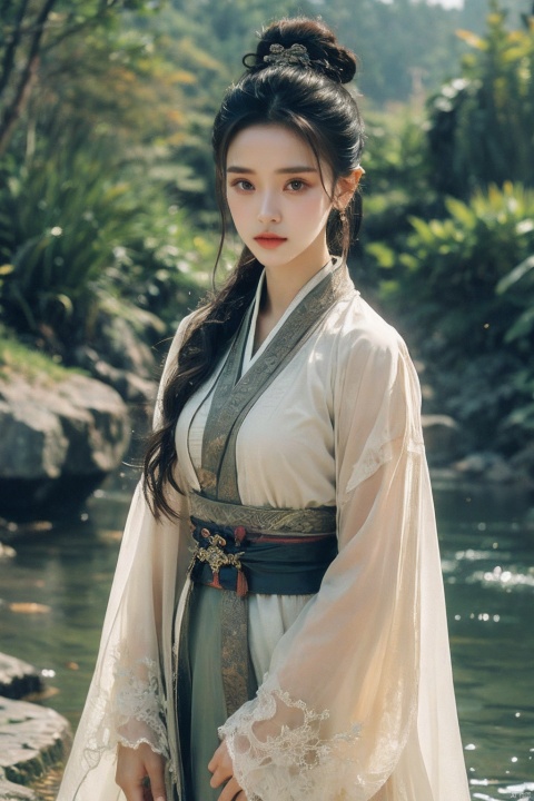  1girl, solo, long hair, looking at viewer, black hair, hair ornament, long sleeves, jewelry, standing, upper body, earrings, outdoors, water, black eyes, sash, chinese clothes, single hair bun, realistic, hanfu, ((poakl))