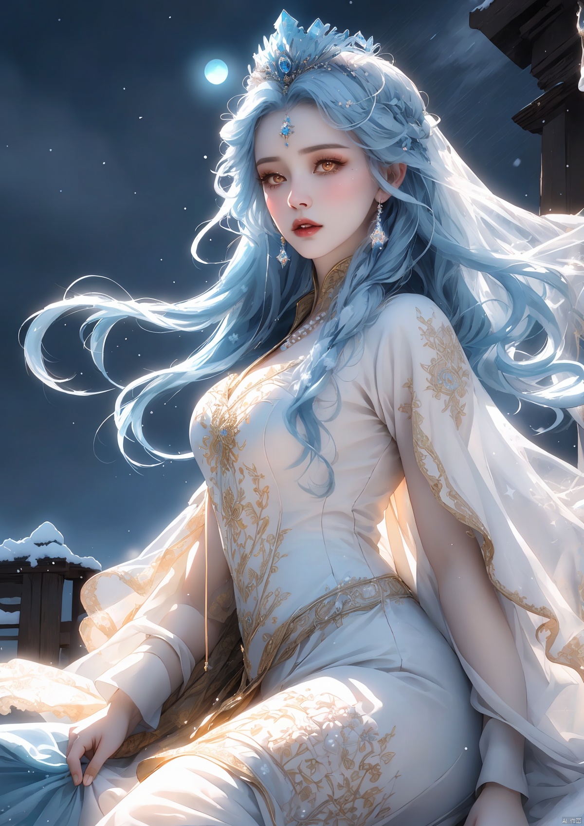  (Masterpiece:1.2), best quality, (night sky, wery long blue hair:1.2),(illustration:1.2), beautiful scenery, scared,(Masterfully crafted Glow, lens flare), (ultra-detailed), hyper details, (delicate detailed), (intricate details), (cinematic light, best quality Backlights), clear line, new world, viewer, solo female, perfect body, (1female), (Bright bioluminescent hair hair, bright glowing eyes), (Dynamic:1.3), ((makeup)), high contrast, (best illumination, an extremely delicate and beautiful), ((cinematic moonlight)), colourful, ((Photoshop Pastel Painting:1.1)), ethereal, (Cinematic masterpiece),suspense, splashes of colour, absolutely eye-catching, ((caustic)), dynamic angle ,beautiful (detailed glow), (eerie),(Intricate Detailed Cinematic Scenery Behind:1.2),ambient occlusion, (ambient moonlight), ray-traced reflections, intricately detailed visible background, night snow storm, stars, very long curly white hair, ice queen, white and light blue gothic royal dress with embroidery, long embroidered stockings, crystals and pearls, big halo shaped crown, ice crystals around, snow storm, mature woman, 1girl,yellow_footwear,high_heels, Shifengji