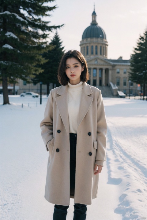 An evocative Annie Leibovitz photograph features a high school senior, clad in her winter uniform—a long wool coat over the standard school attire—standing on the steps of an iconic academic building. The scene is set against a backdrop of frosted trees and a sky tinged with the last light of a winter sunset. Her breath condenses into a fleeting cloud as she looks pensively towards the horizon, embodying the contemplative spirit of youth at the threshold of adulthood.

The image is composed to capture the essence of transition; the juxtaposition of her youthful figure with the imposing architecture symbolizes both the protective shelter of academia and the vast unknown that lies ahead. The snow-covered ground reflects the soft glow of nearby streetlights, adding a dreamlike quality to the composition. Leibovitz's expert use of ambient lighting highlights the textures of her subject's clothing and the delicate details etched by the cold on the surrounding landscape. (8K resolution, best quality: 1.2), (fine art portraiture), (photorealistic depth and emotion: f/2.8), (ultra-high-res), (dramatic natural lighting), (attention to seasonal and environmental storytelling), (subtle interplay between character and setting).((poakl))