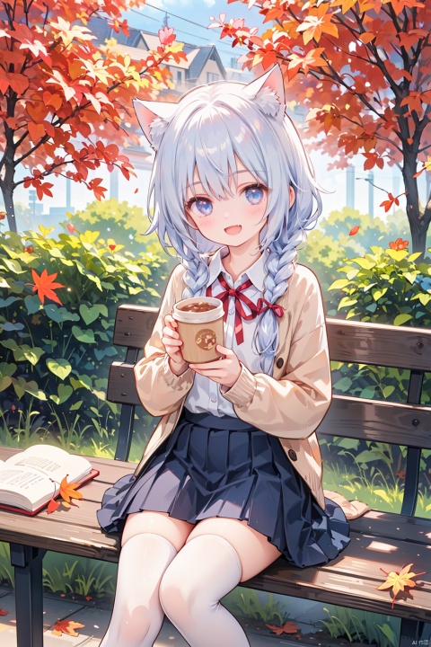  (masterpiece),(bestquality),artist(雨音),雨音, 1girl, thighhighs, blue eyes, animal ears, sitting, cup, solo, smile, braid, black thighhighs, shirt, skirt, holding, blush, table, long sleeves, white shirt, holding cup, food, open mouth, looking at viewer, :d, chair, plate, leaf, red ribbon, bangs, pleated skirt, cat ears, stuffed toy, animal ear fluff, autumn leaves, zettai ryouiki, ribbon, on chair, stuffed animal, outdoors, collared shirt, tree, fang, neck ribbon, book, blue skirt, falling leaves