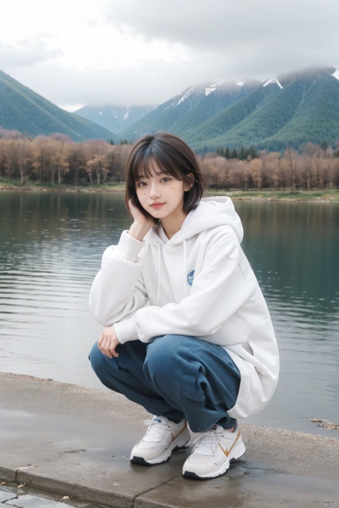 A girl squatting on the ground looked sideways at the camera, her eyes gentle and slightly shy.Her short hair with bangs is neat and neat, adding a bit of pure atmosphere.She wore light makeup on her face, highlighting the texture of her skin.She wore an off-white hooded sweatshirt, pink sweatpants, and white casual shoes. Her whole body was warm and energetic.Especially the pair of tight black legs paired with flesh-colored stockings, which looks even more warm and pleasant in the cold winter.The surrounding environment is very peaceful and beautiful: there are mountains in the distance, and the lake nearby reflects the clouds in the sky like a mirror.The whole picture is full of warm and harmonious atmosphere, making people feel the charm of nature and the beauty of life.